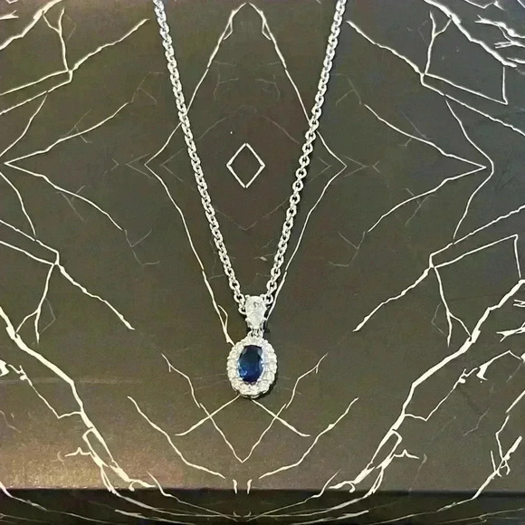 Genevive .925 Sterling Silver 18” Necklace w/Pendant CZ Cobalt Stones - Picture 3 of 4